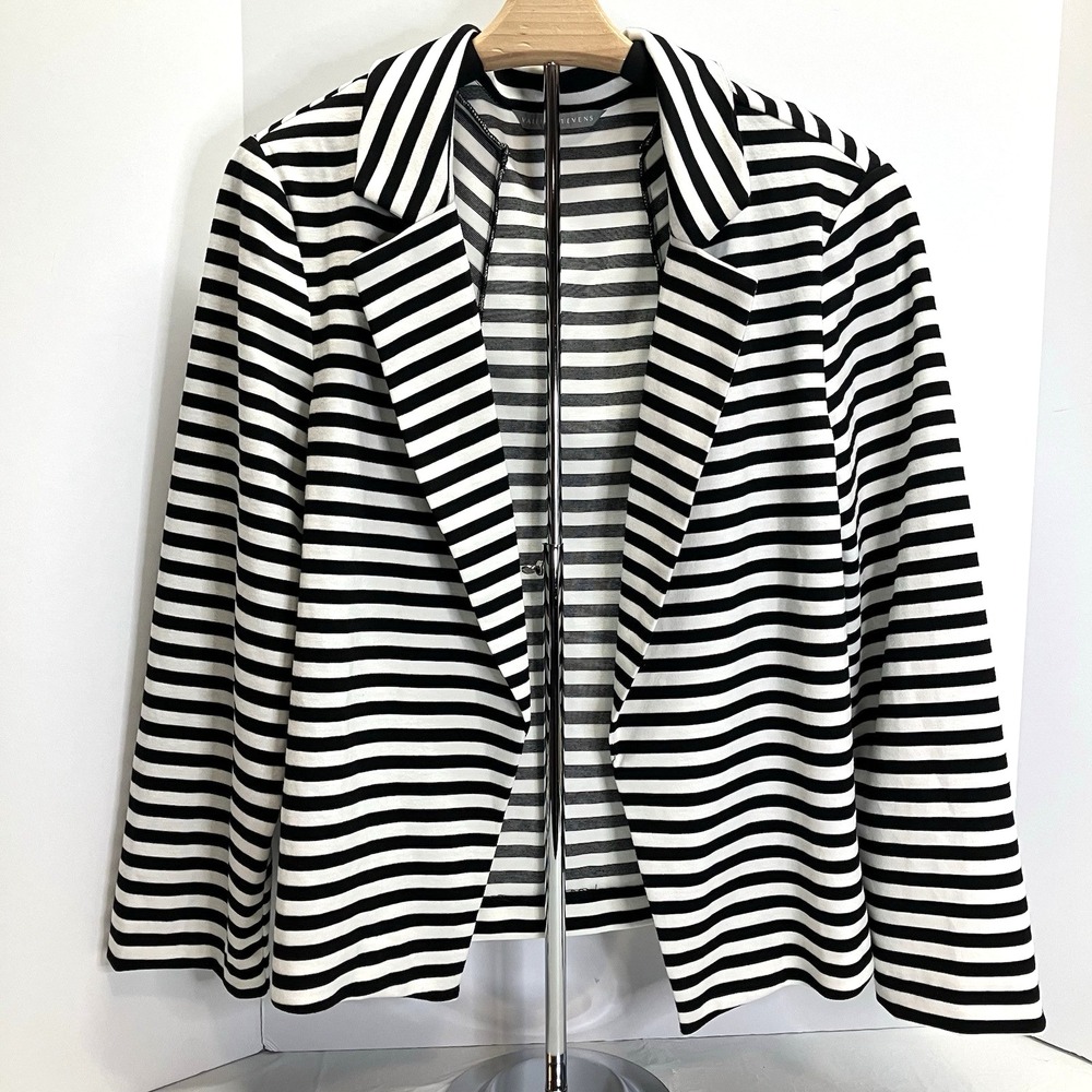 Valerie Stevens Womens Black‎ & White Striped Relaxed Open Front Blazer Jacket L